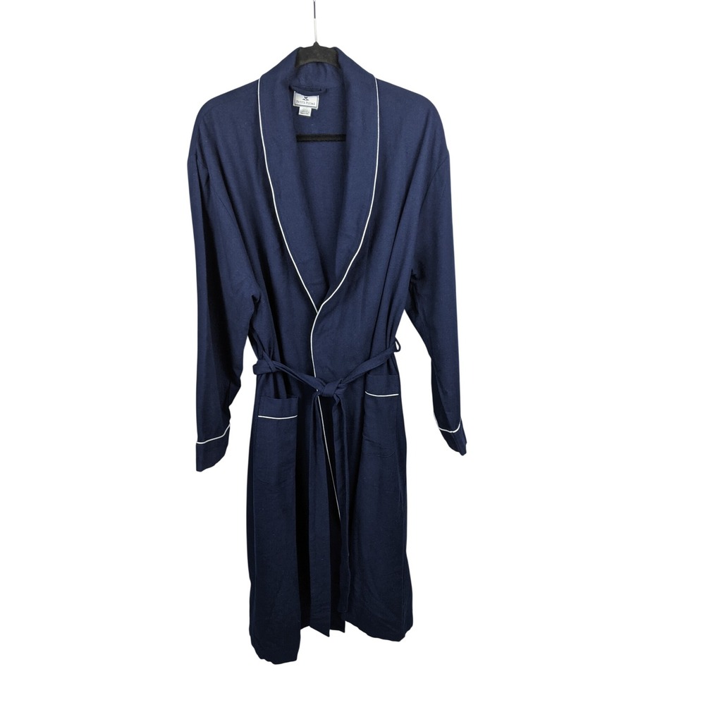 Petite Plume Mens Navy Blue Cotton Shawl Collar Robe White Piping Size S/M